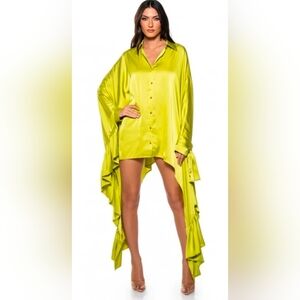 Vibrant Lime Green Asymmetrical Shirt Dress Sz S/M